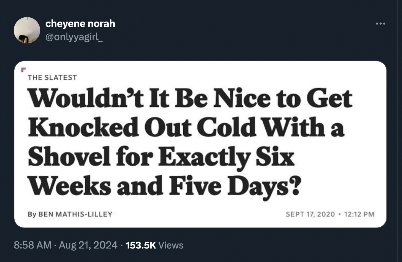 screenshot - cheyene norah The Slatest Wouldn't It Be Nice to Get Knocked Out Cold With a Shovel for Exactly Six Weeks and Five Days? By Ben MathisLilley Sept 17, 2020 Views